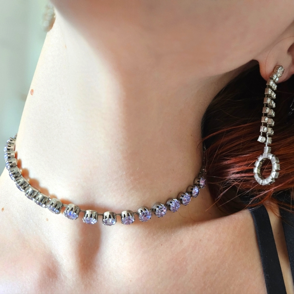 Vintage 1950s Adjustable Blue/Purple Rhinestone Neckalce w Clasp